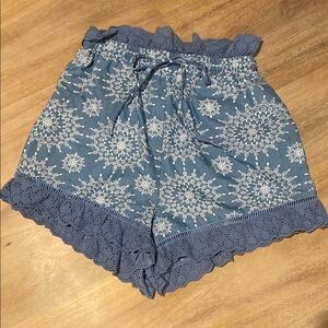 High Waist Blue and White Floral Shorts